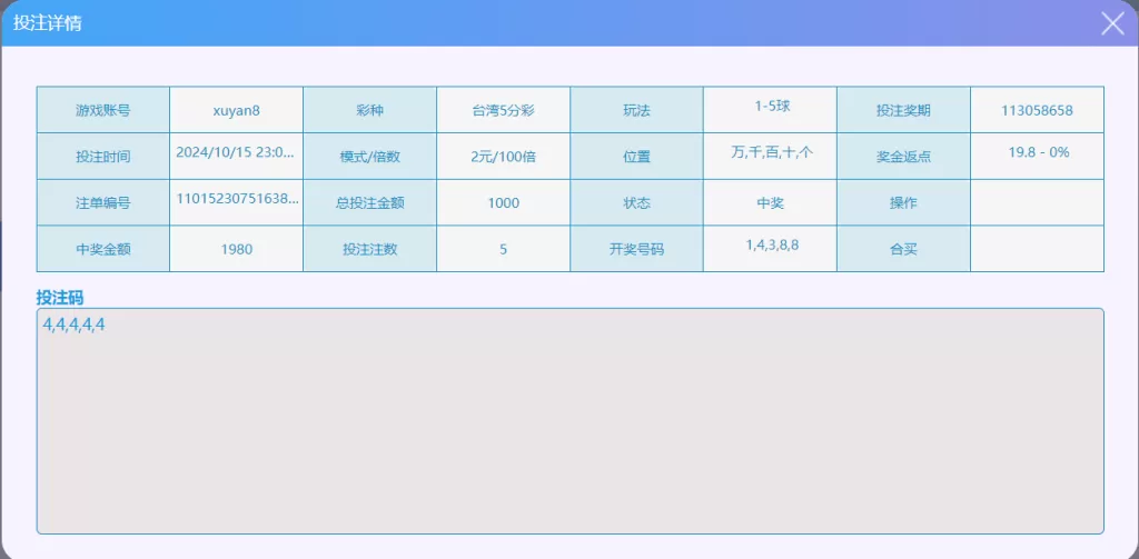 「2024/10/15」台湾五分彩单日赢19924投注记录